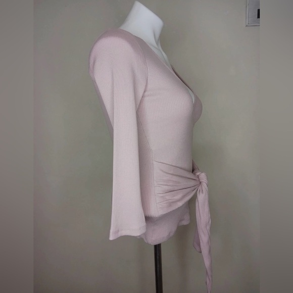 Express One Eleven Ribbed Wrap Tie Top XS Blush Pink Long Sleeve - Picture 4 of 12